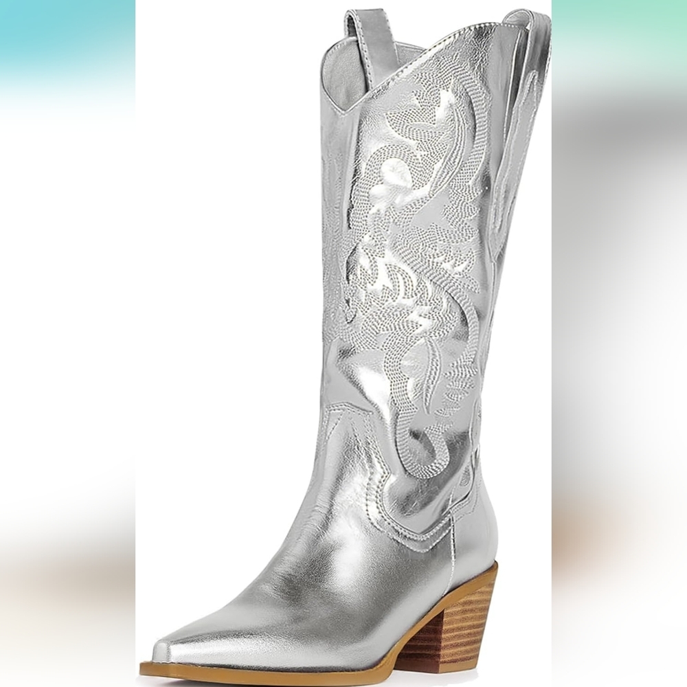 Silver Embroidered Cowboy Boots-Size 9